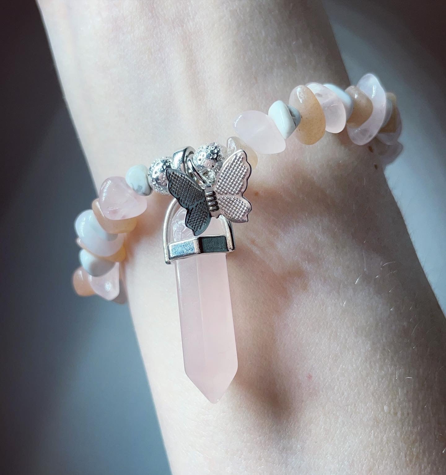 rose Quartz butterfly pendant bracelet sunstone, howlite and rose quartz crystals