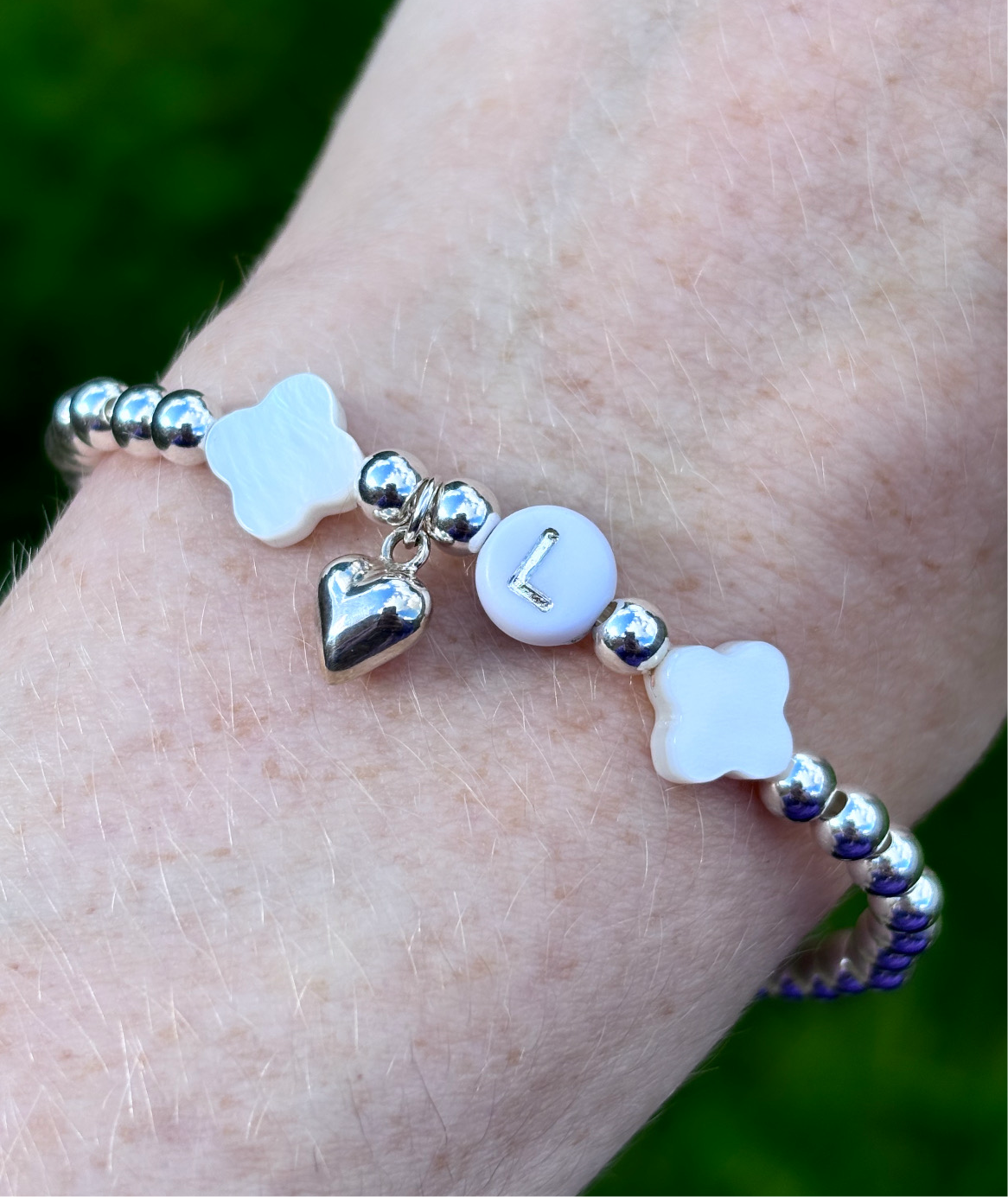 Sterling silver freshwater Pearl clover leaf initial bracelet