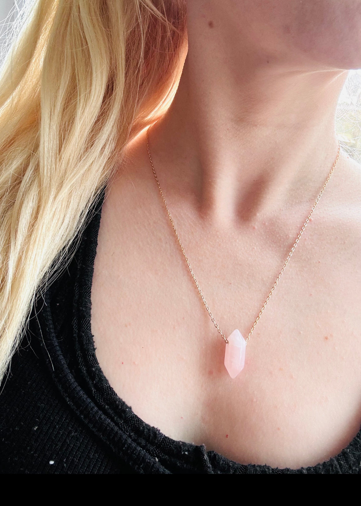 Crystal point necklaces tarnish resistant stainless steel chain rose Quartz, green aventurine and amethyst