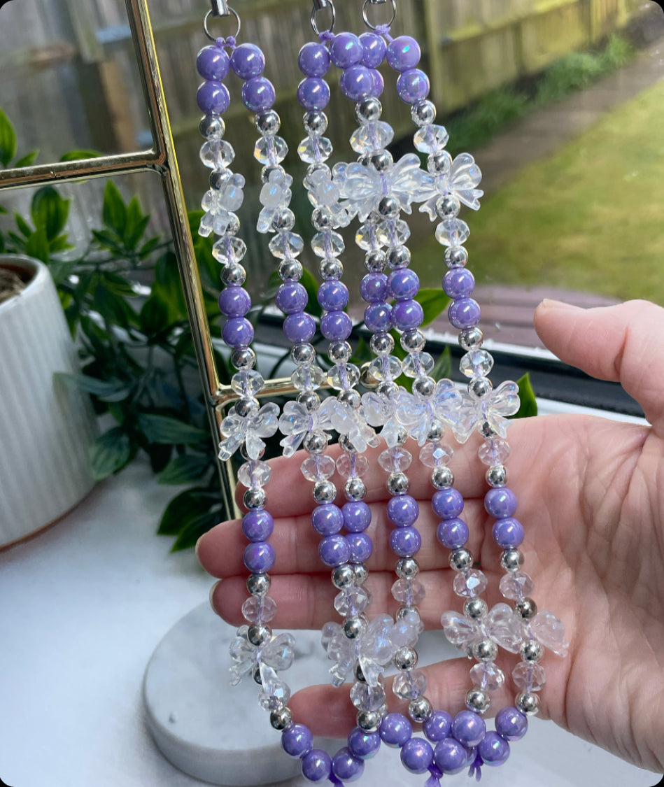 Bow Phone strap | lilac bow and crystal beaded phone strap