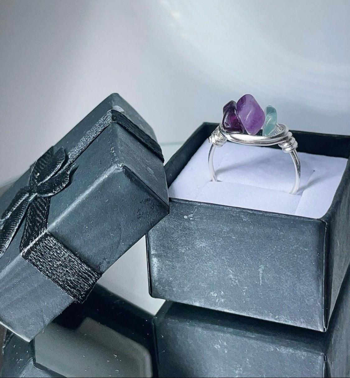 Rainbow fluorite crystal wrapped ring