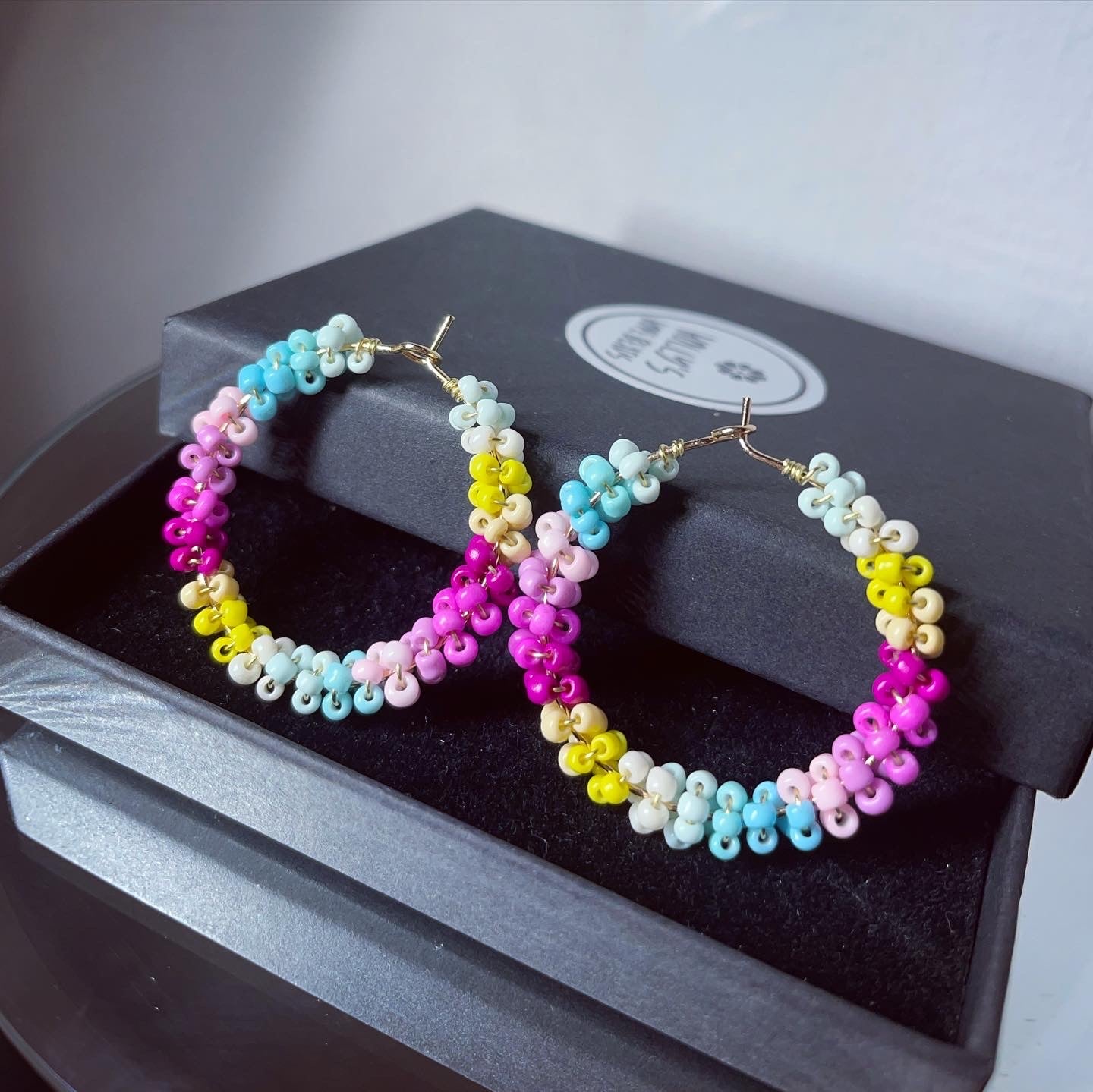 Multi Coloured beaded hoops 18k gold plated 31mm