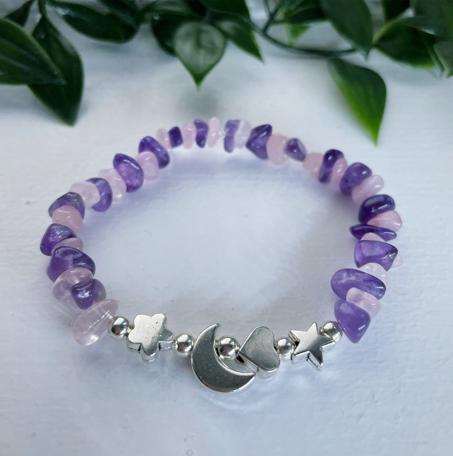 Emotional balance / self love Rose Quartz and amethyst moon flower, heart & star beaded bracelet