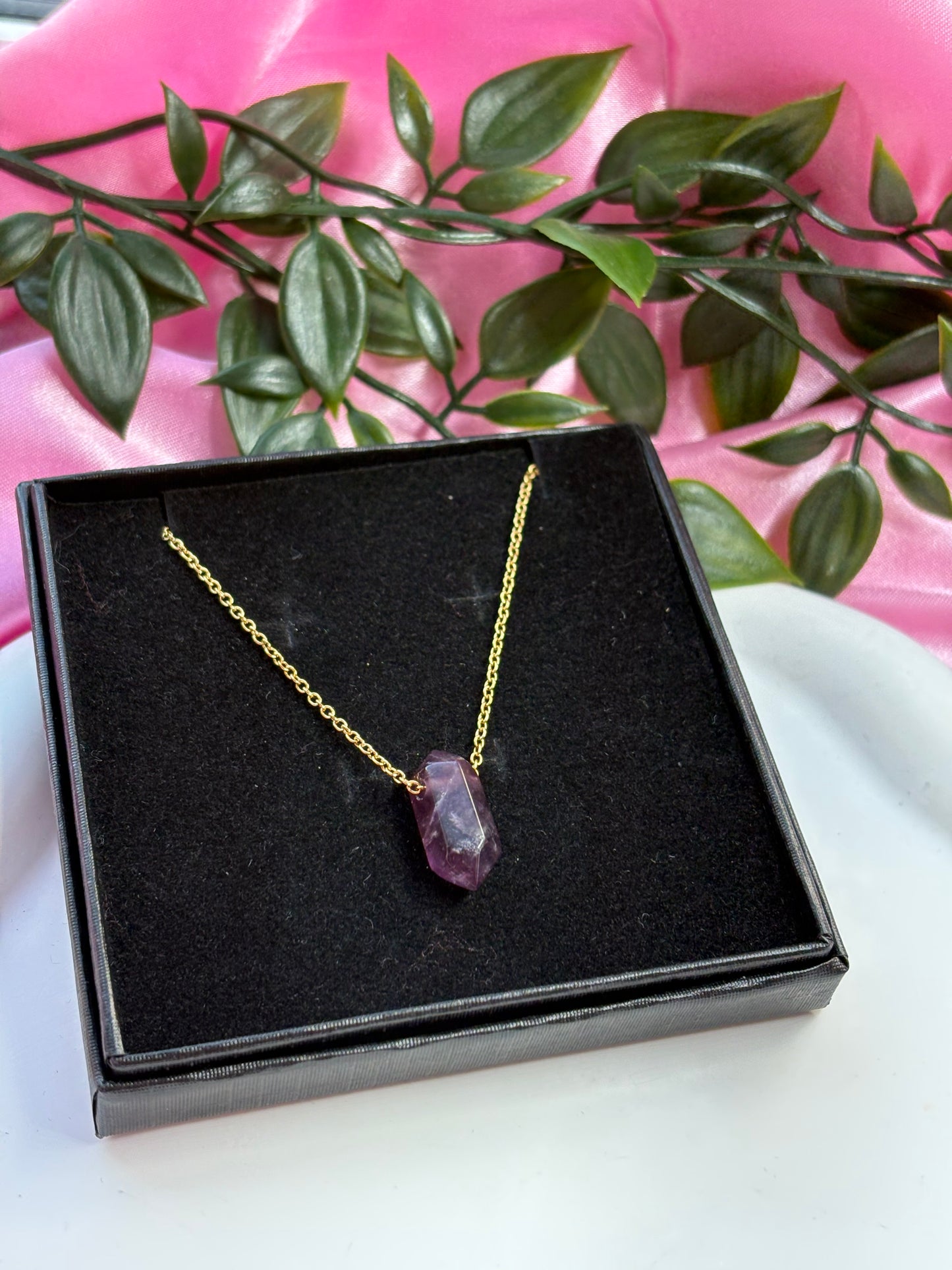 Crystal point necklaces tarnish resistant stainless steel chain rose Quartz, green aventurine and amethyst