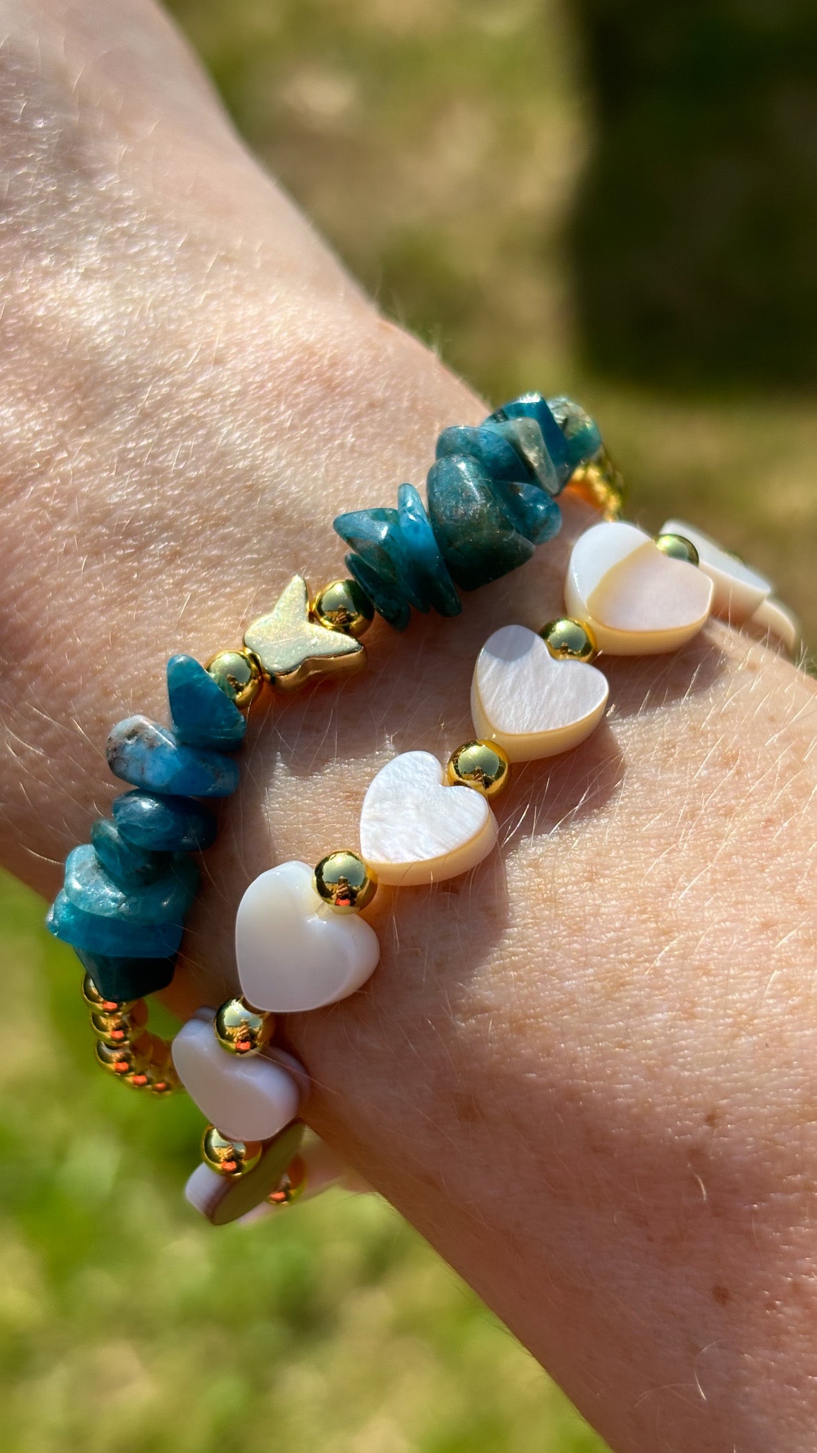 Mother of pearl hearts and apatite crystal stack of 2