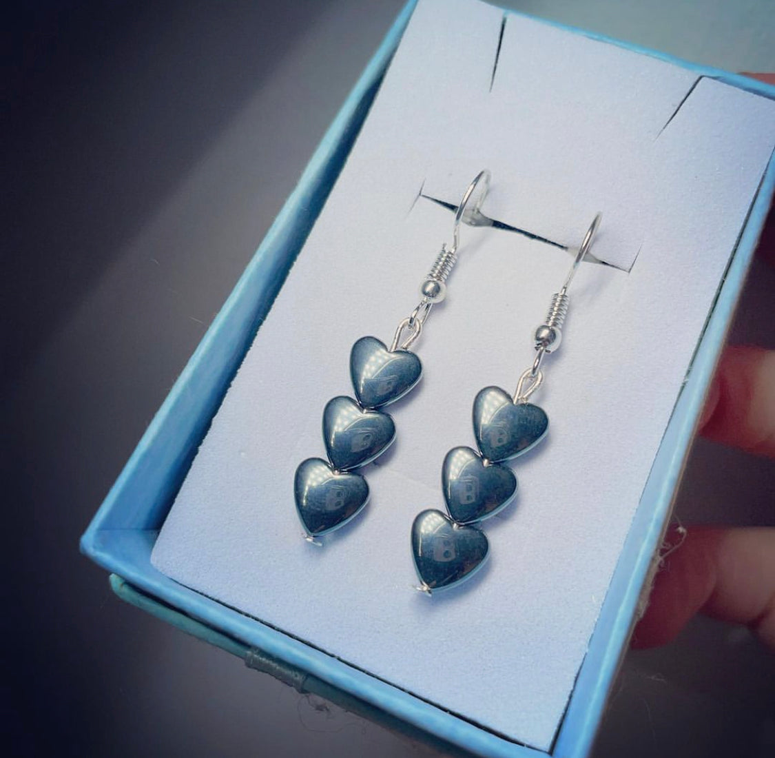 Hematite heart drop earrings