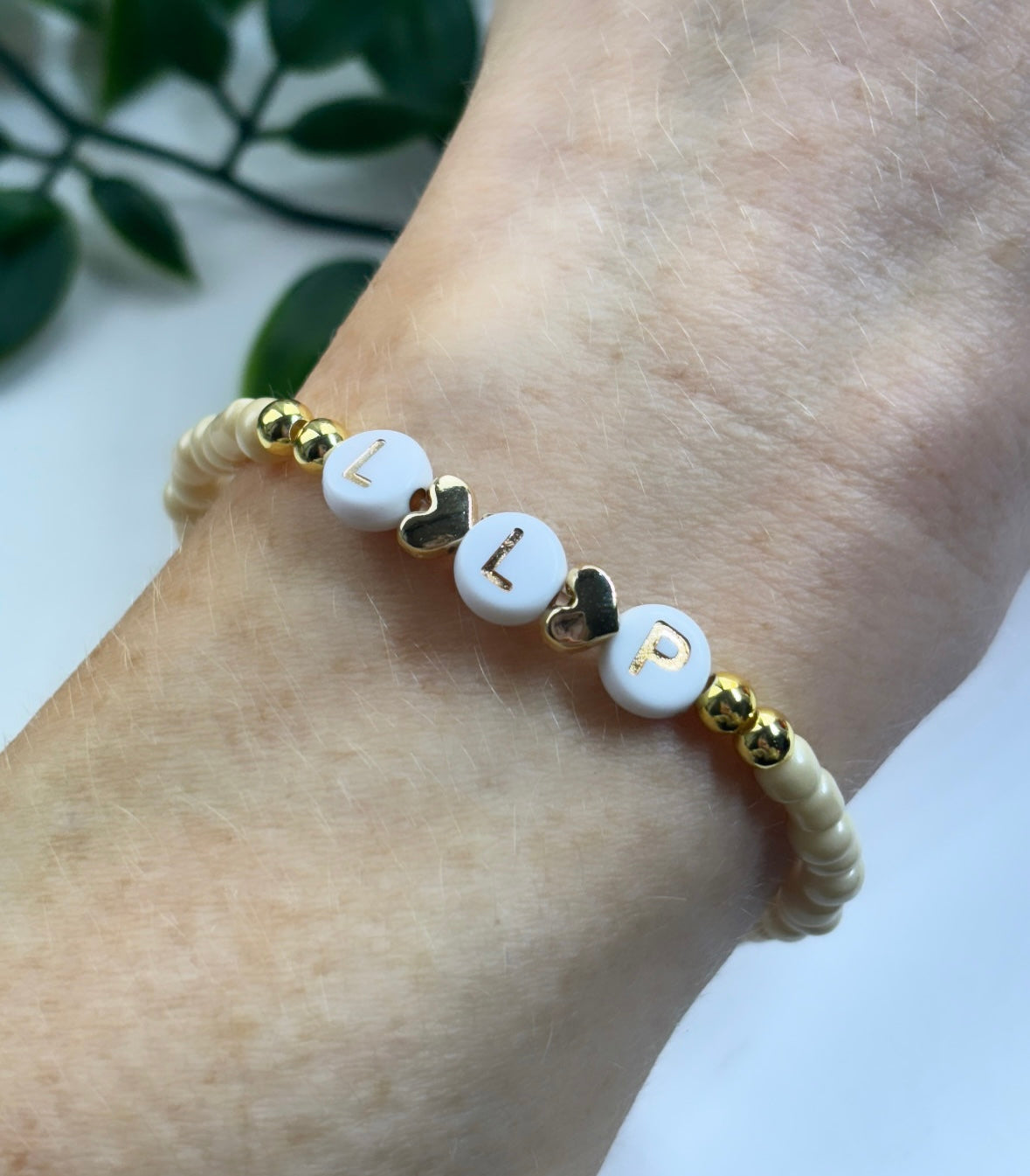 18k gold plated initial bracelet “linen” glass beads