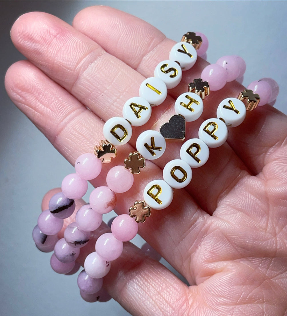 Cherry blossom jasper personalised four leaf clover bracelets