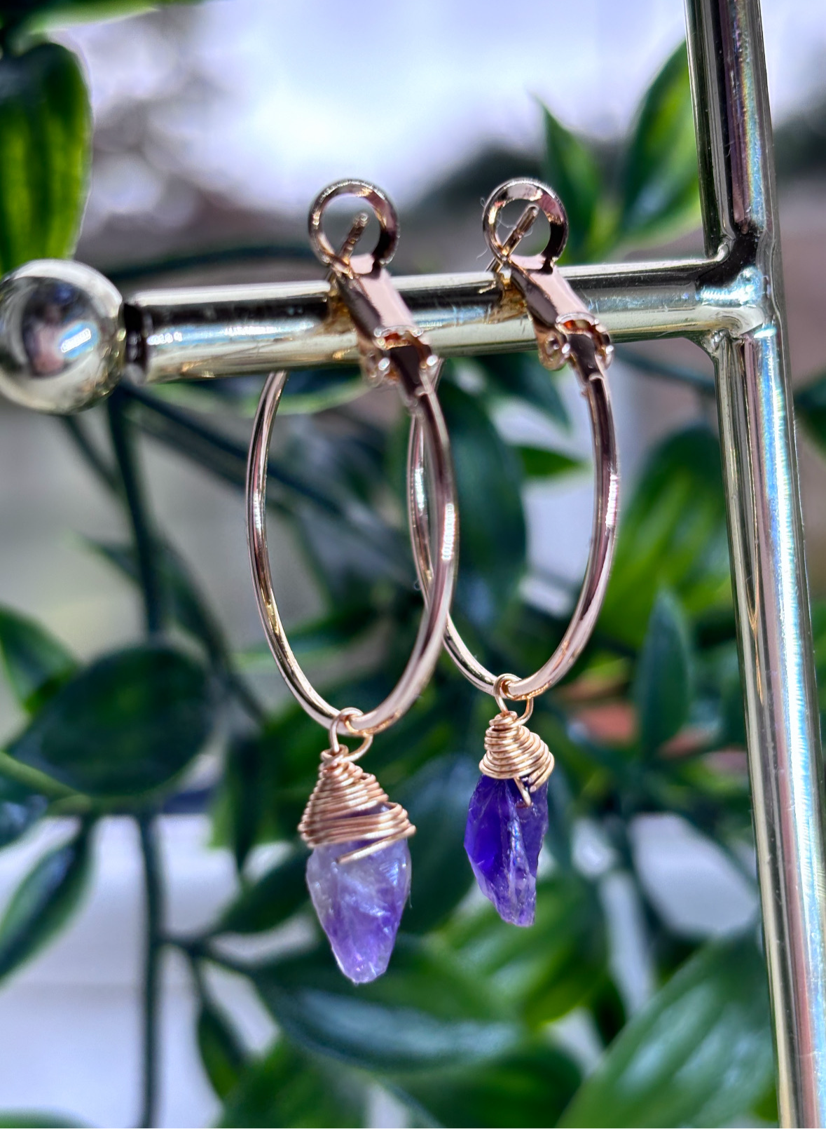 Raw amethyst wrapped hoops 18k gold plated non tarnishing