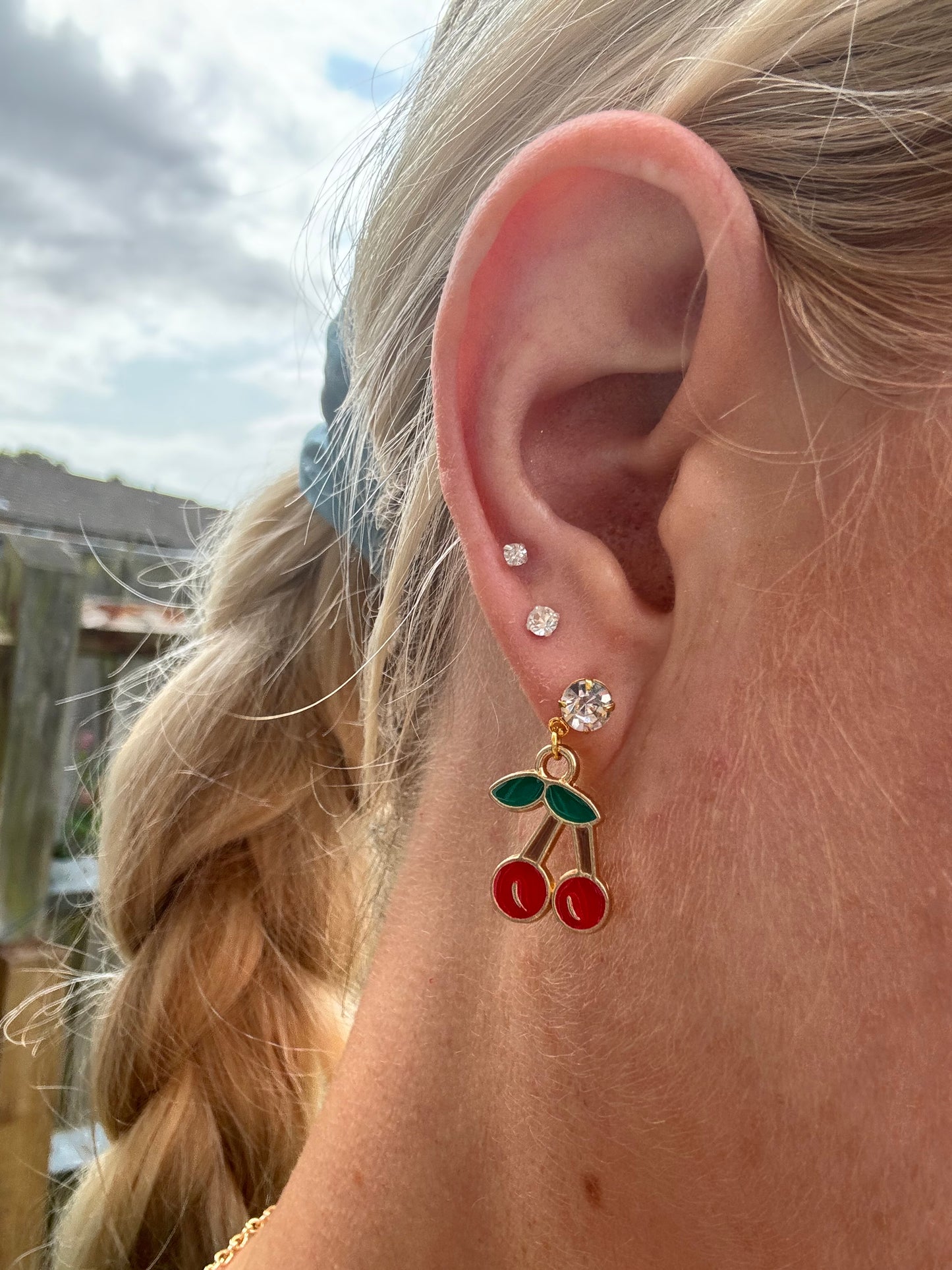 Cherry charm cubic zirconia drop stud earrings