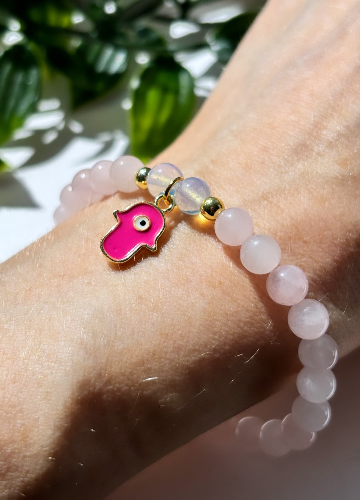 Rose Quartz and opal pink hamsa hand bracelet