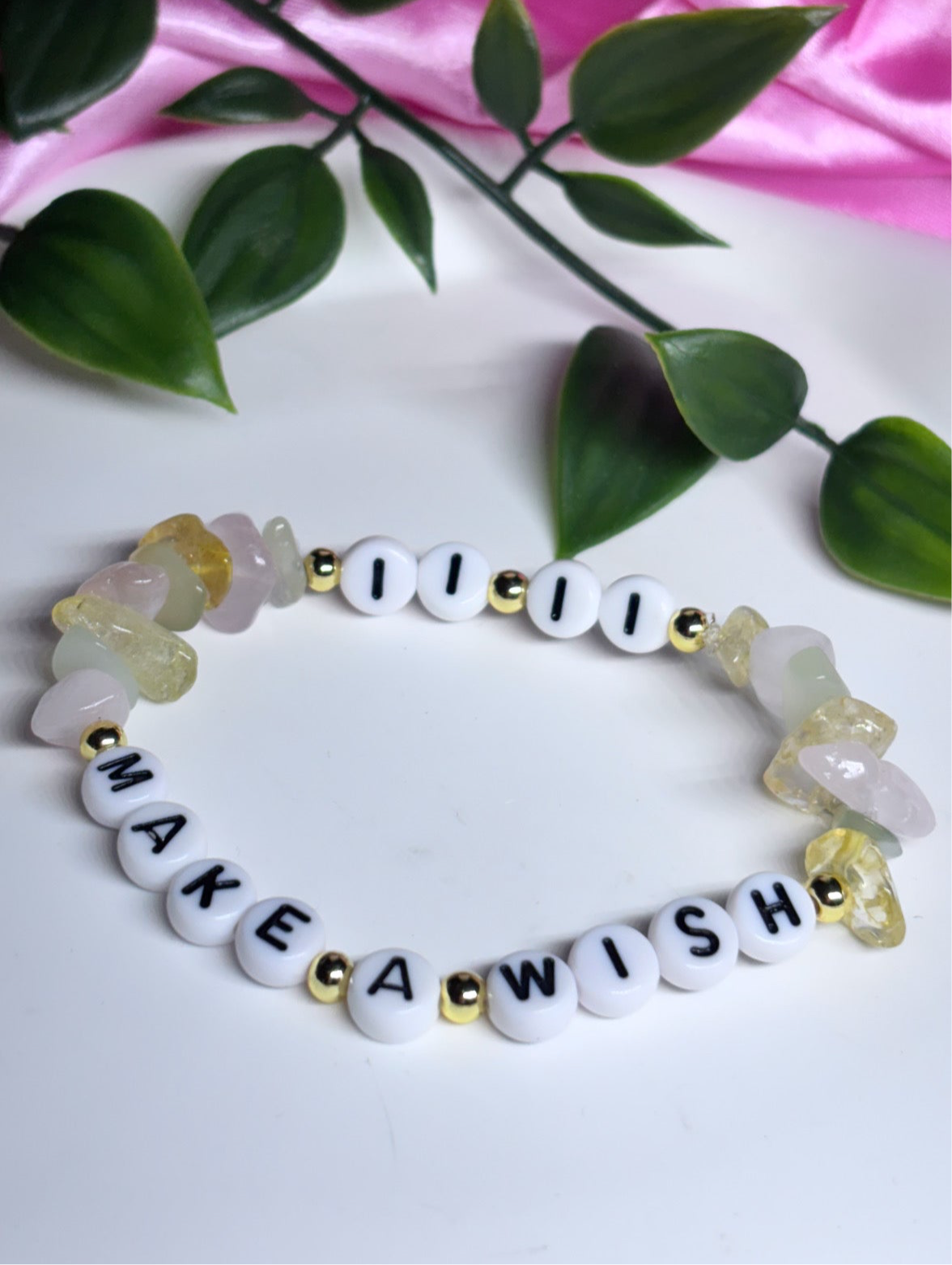 11:11 make a wish crystal healing bracelet for luck and good fortune made with Green jade, citrine and rose Quartz
