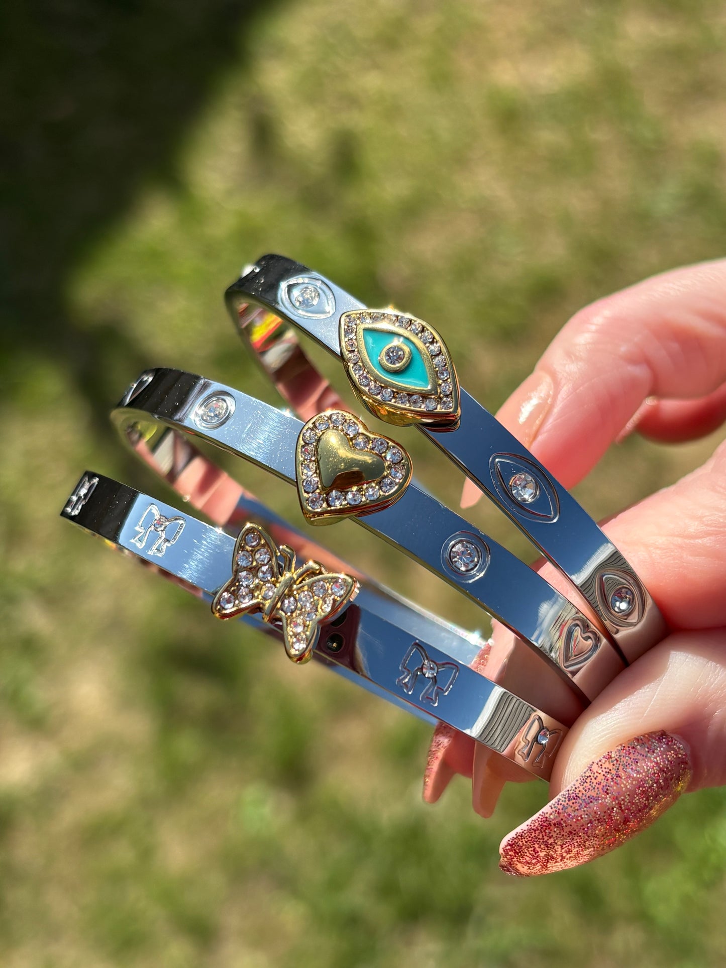 Mix metal bangles butterfly’s, eye, & love heart / stainless steel / Water resistant/ tarnish resistant