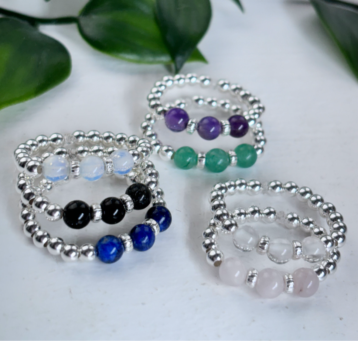Sterling silver crystal beaded stacking rings