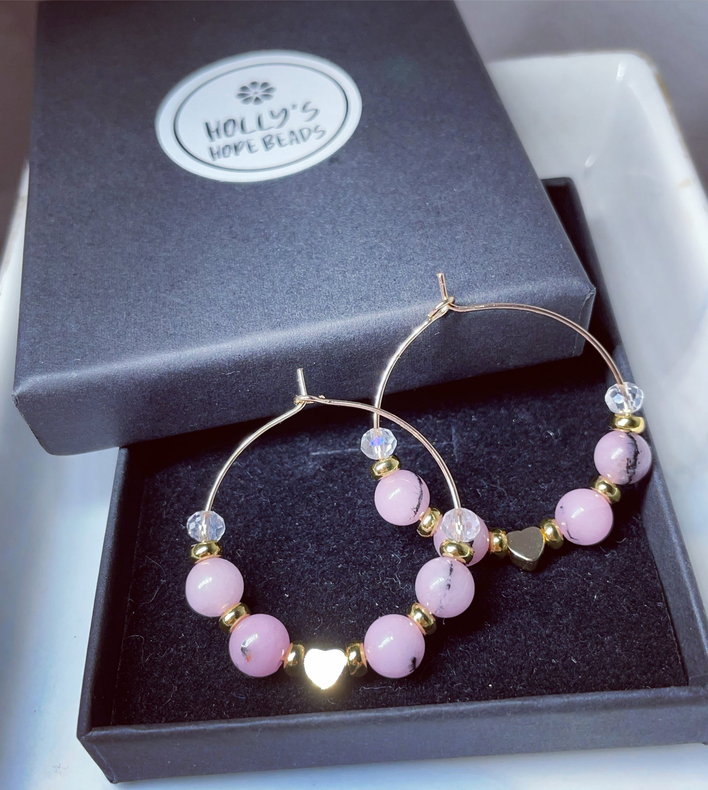 18k gold plated blossom jasper heart hoops