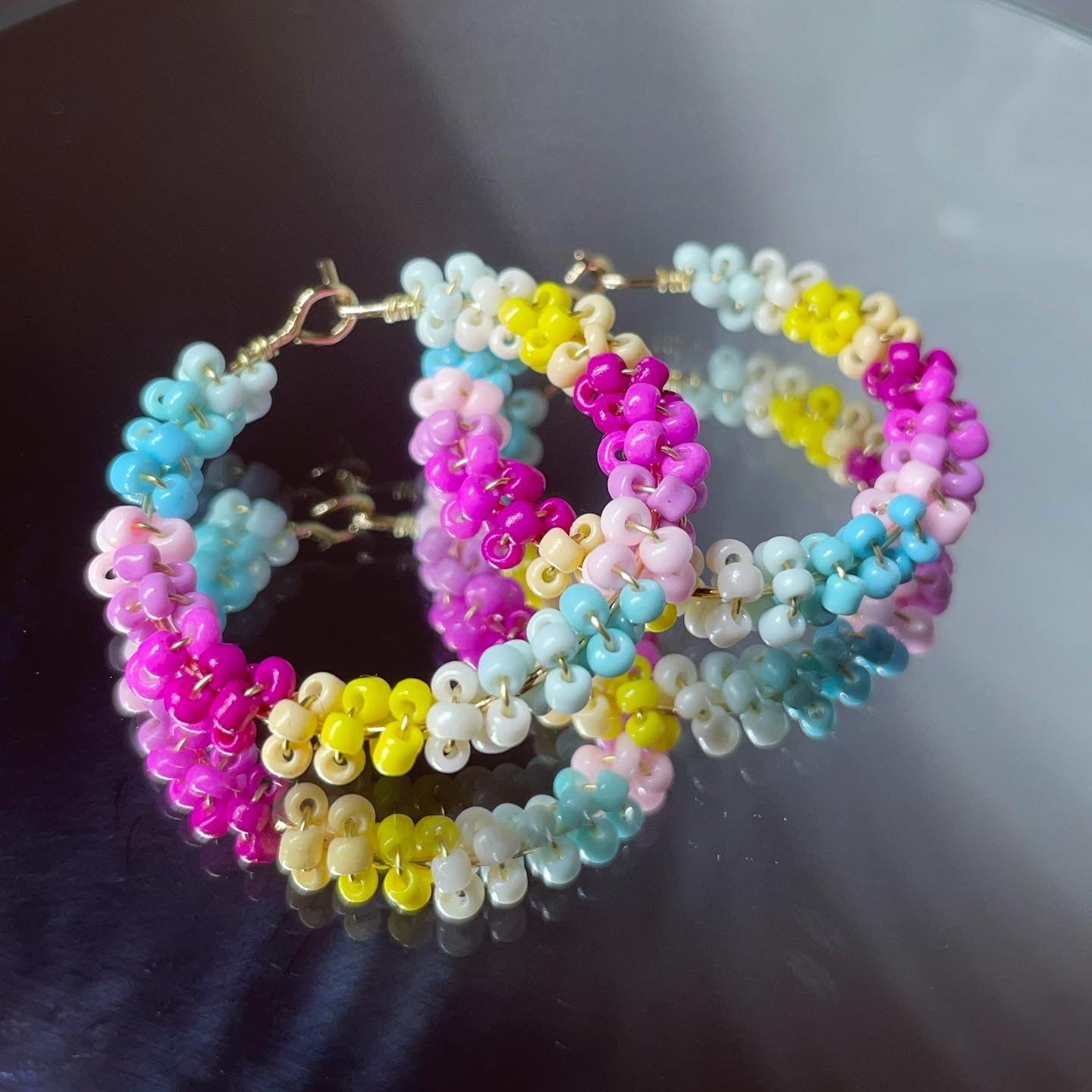 Multi Coloured beaded hoops 18k gold plated 31mm