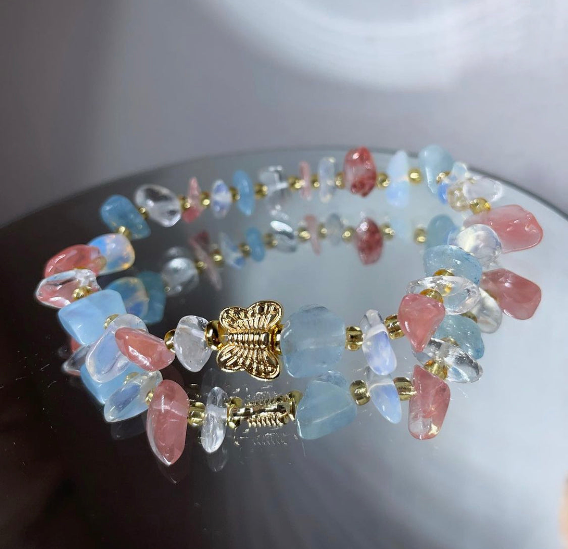 Crystal butterfly bracelet cherry Quartz opal aquamarine & clear Quartz