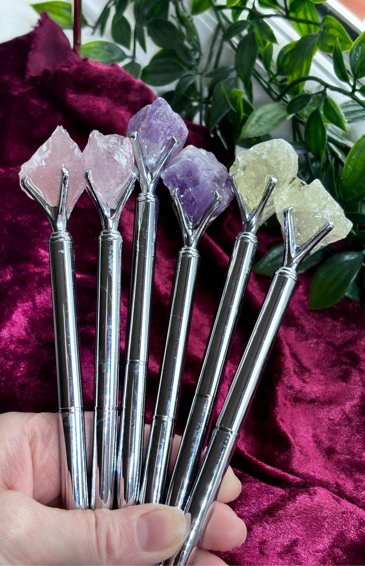 Raw Crystal Silver Pens - Black Pen - Stocking Fillers - Crystals amethyst citrine and rose Quartz