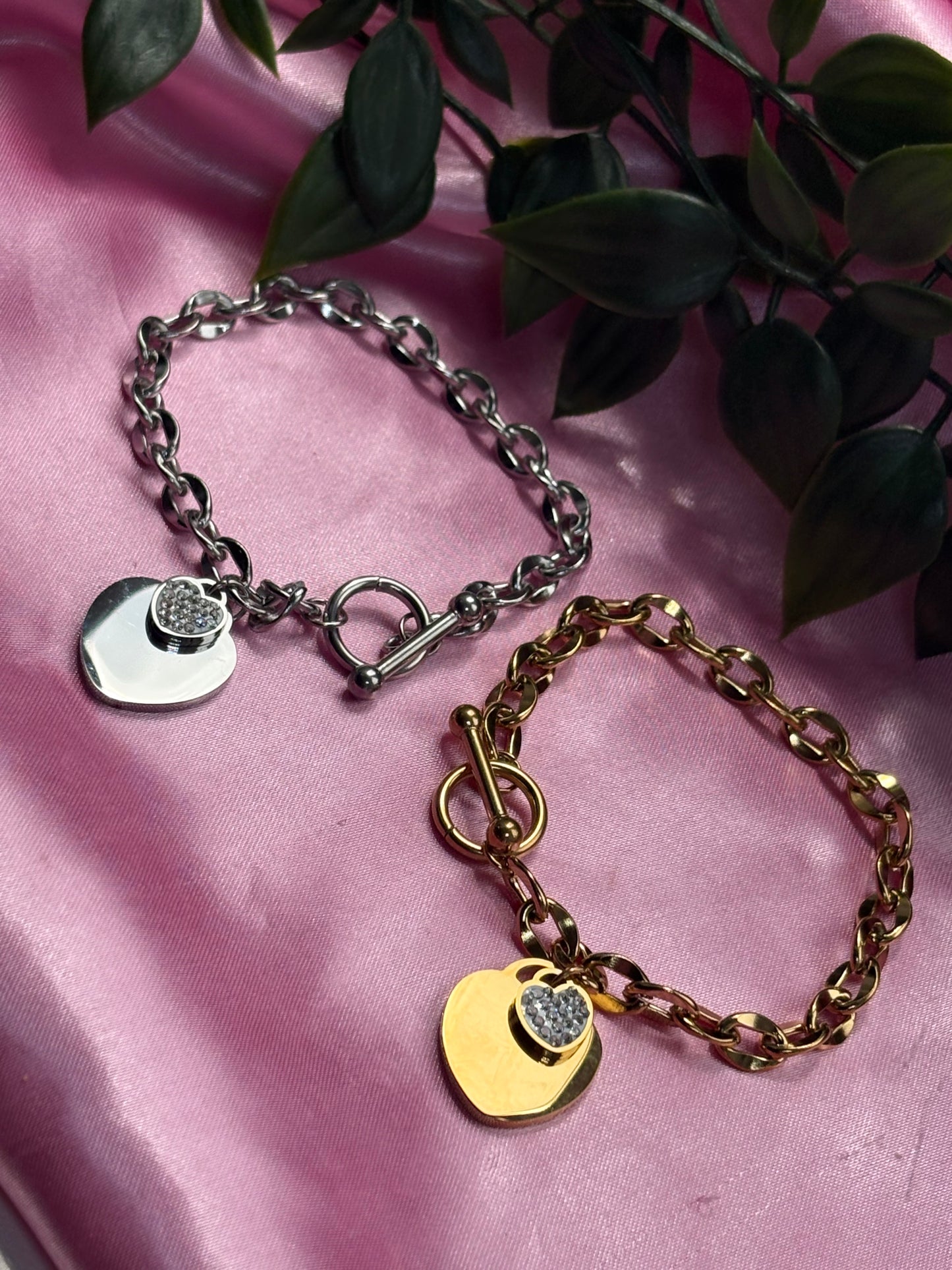 Double heart charm T bar bracelet / stainless steel / tarnish resistant / water resistant
