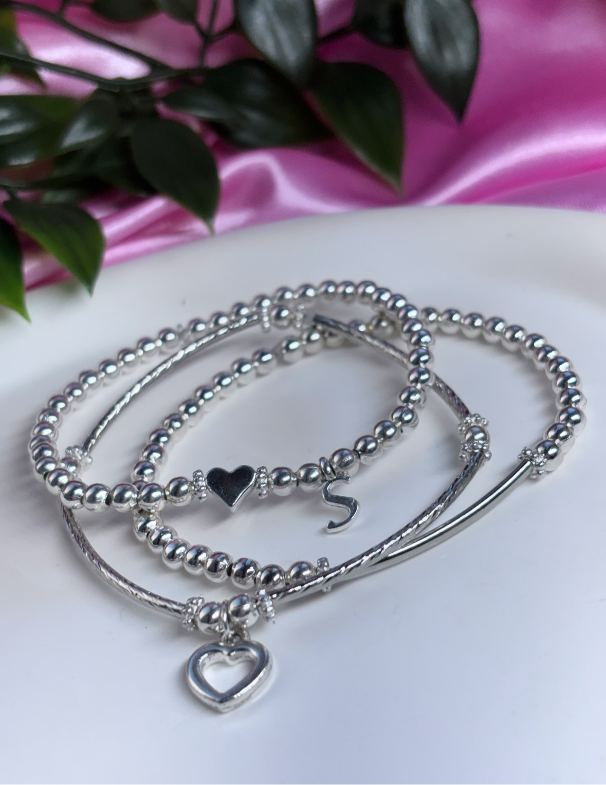 Silver plated initial heart stack of 3 bracelets