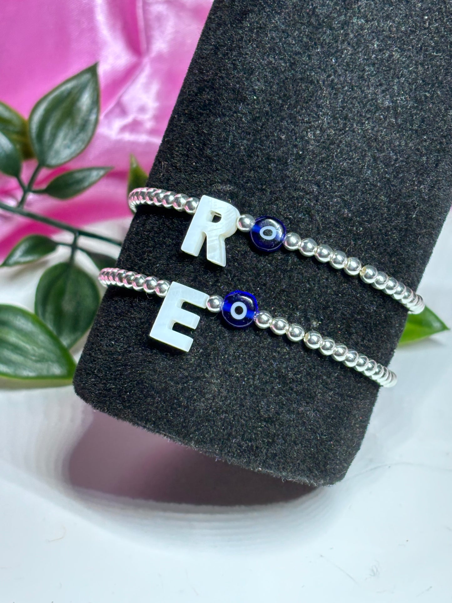 Mother of pearl initial & evil eye Sterling Silver bracelet