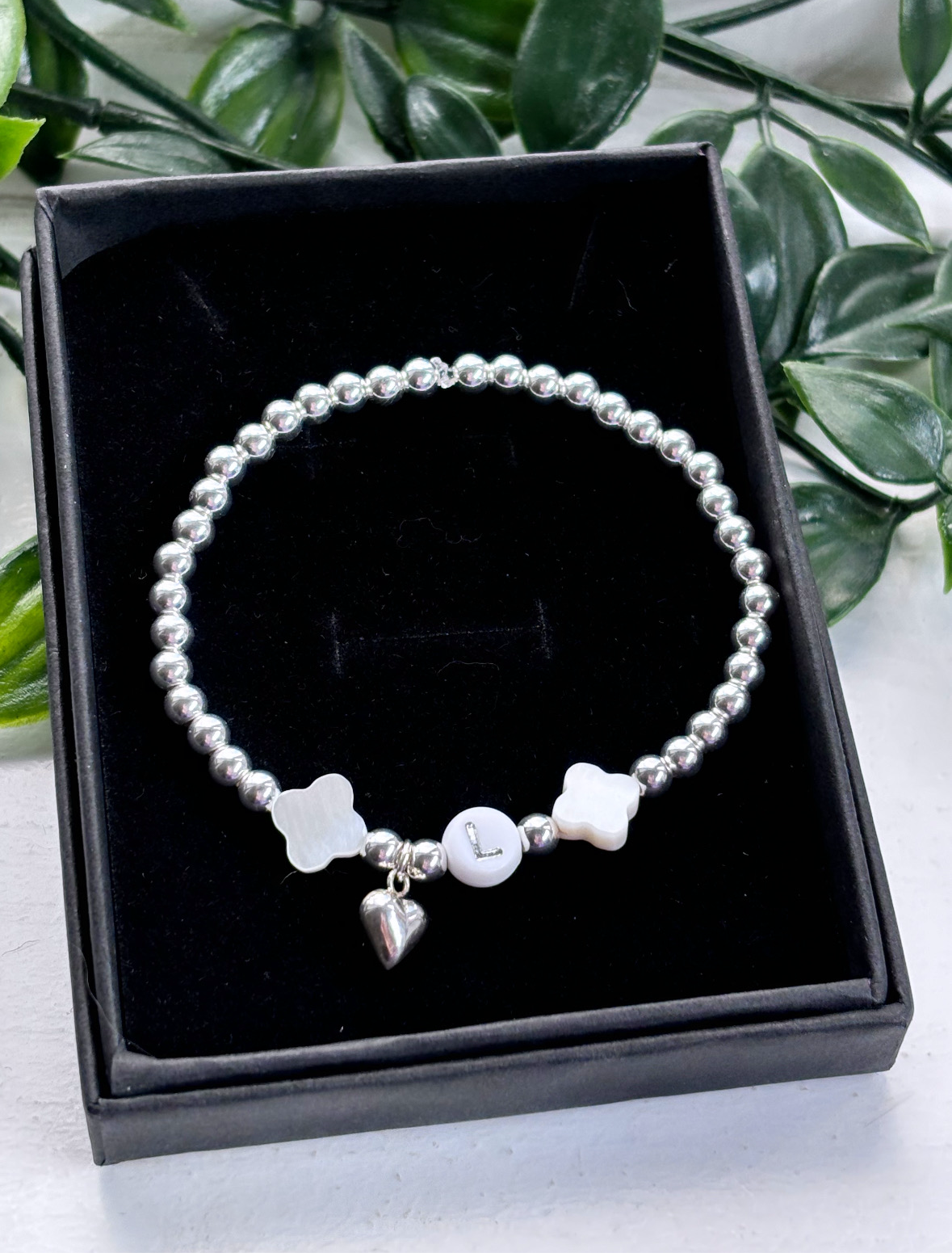 Sterling silver freshwater Pearl clover leaf initial bracelet