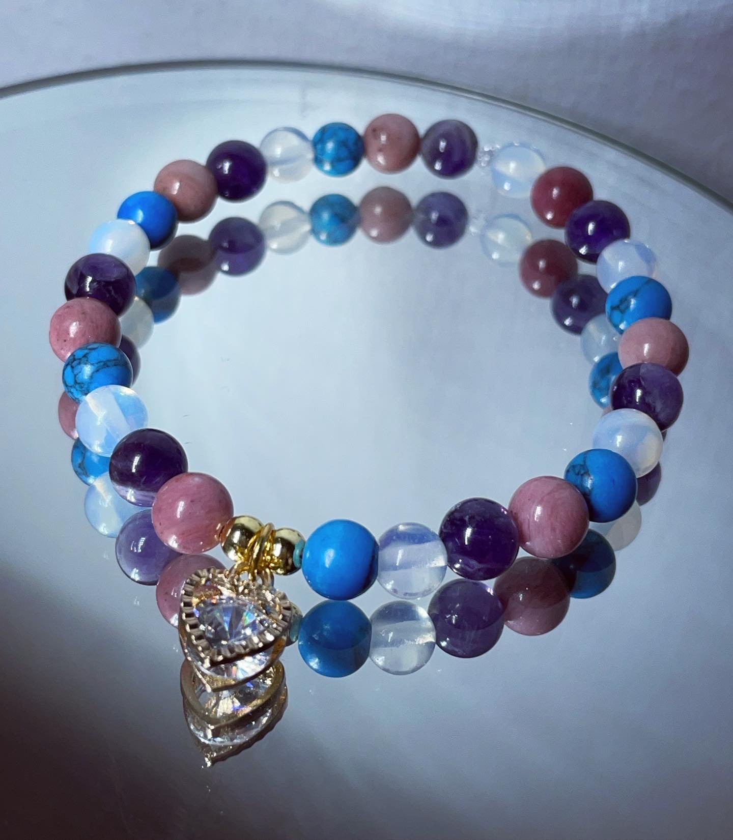 ✨Calm | tranquility | love & protection Cubic zirconia heart charm crystal bracelet made with amethyst, opal, rhodonite, and turquoise