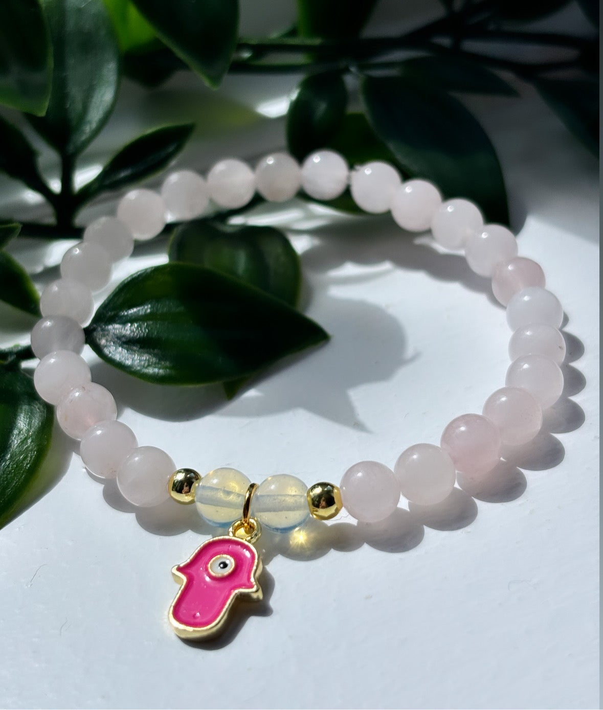 Rose Quartz and opal pink hamsa hand bracelet