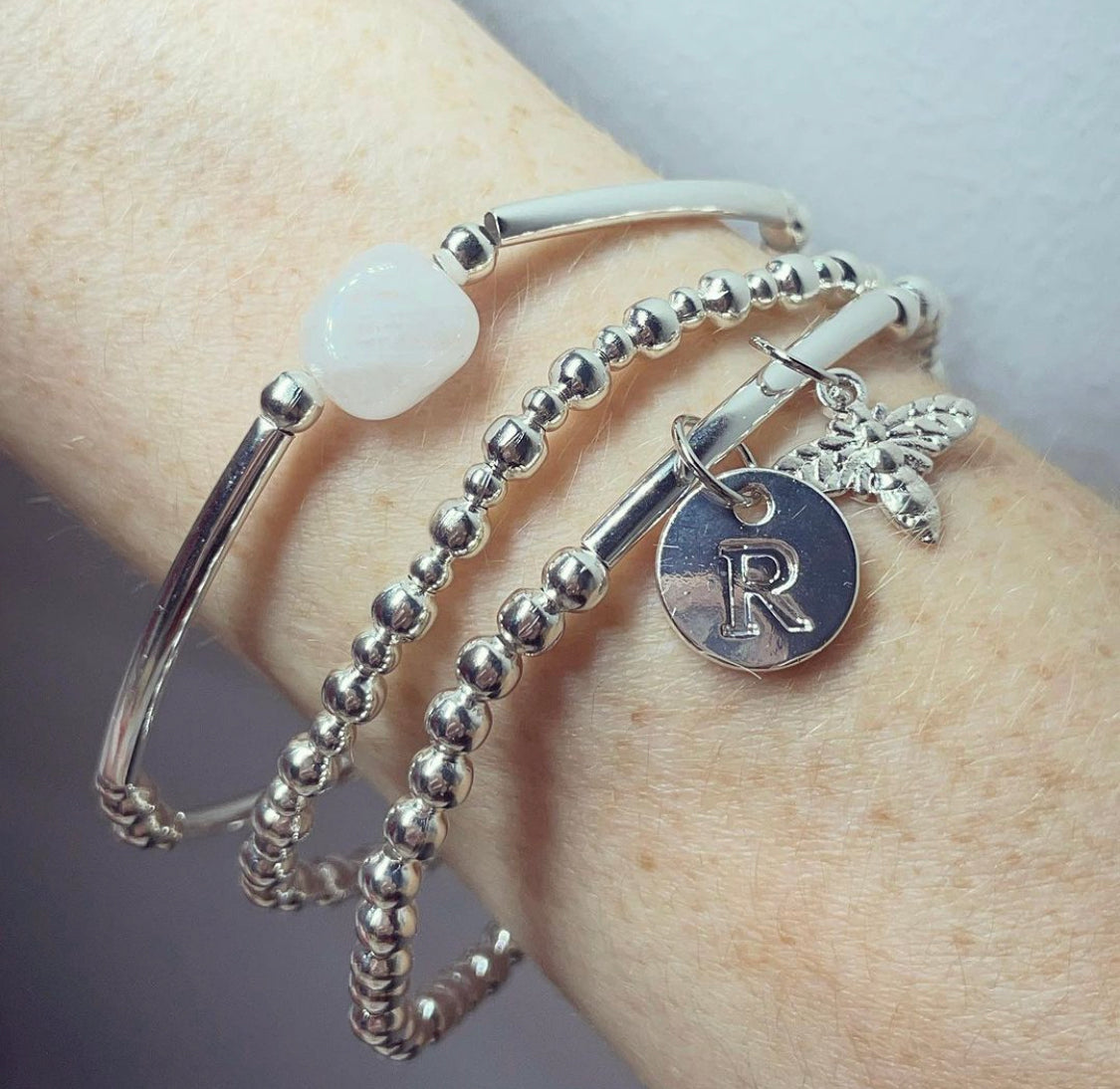 Rose Quartz bumble bee initial stack