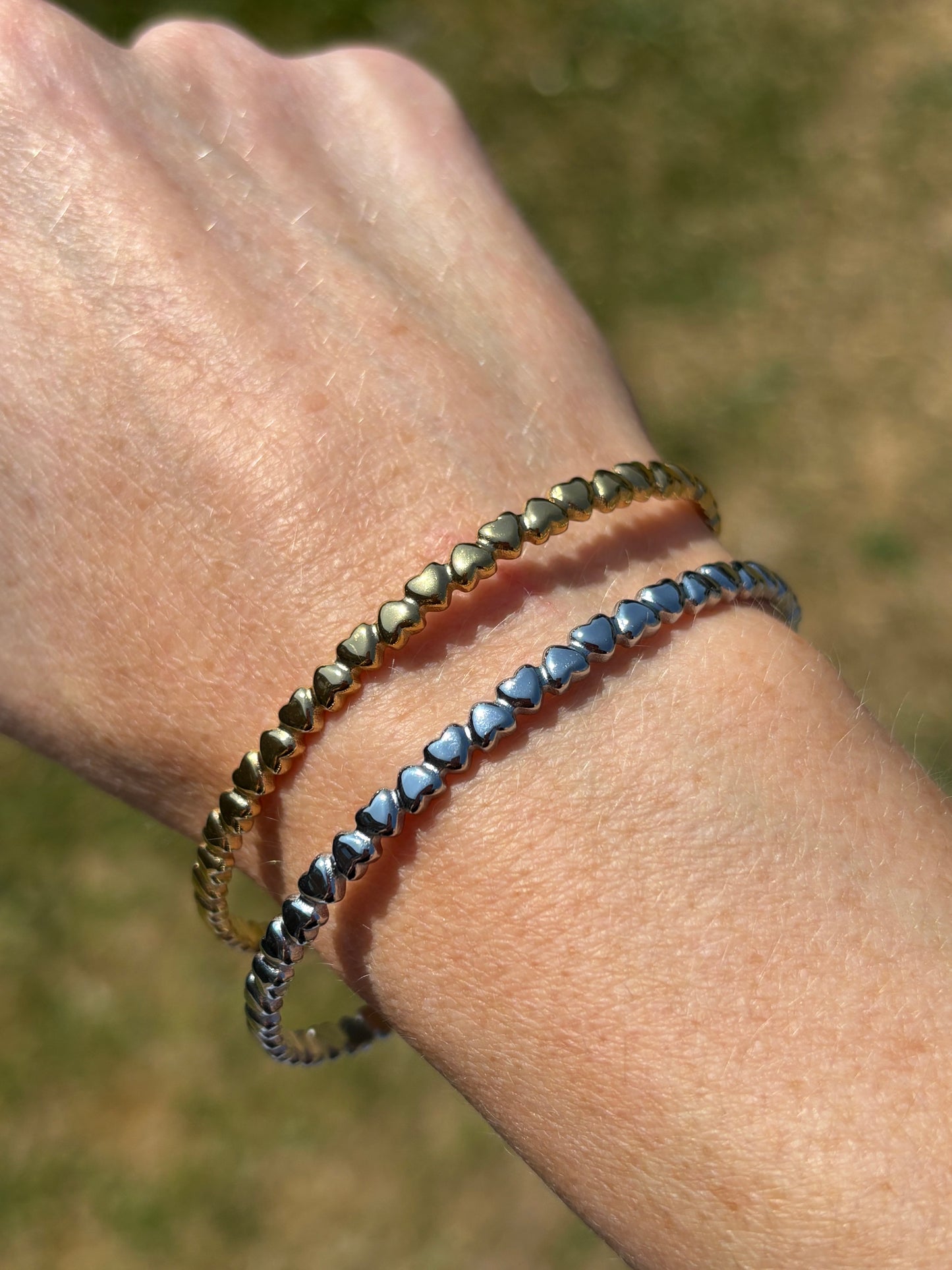 Multi heart bangle open cuff / stainless steel / water resistant / tarnish resistant