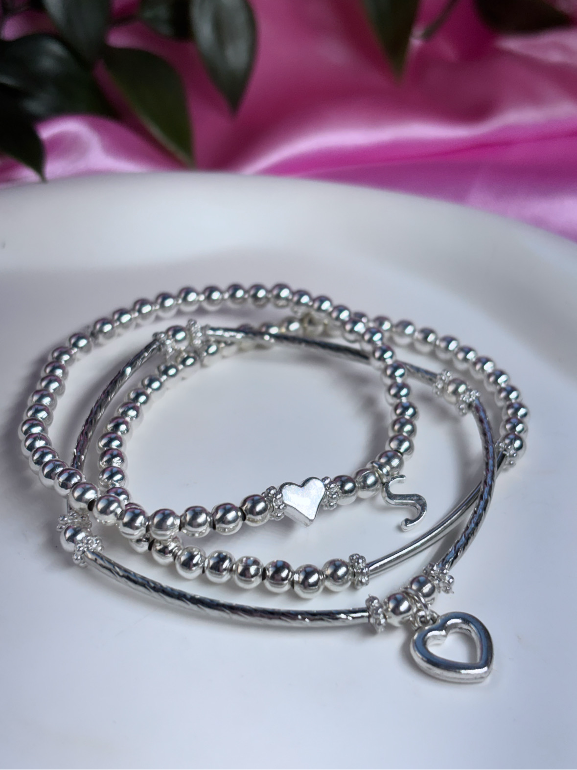 Silver plated initial heart stack of 3 bracelets