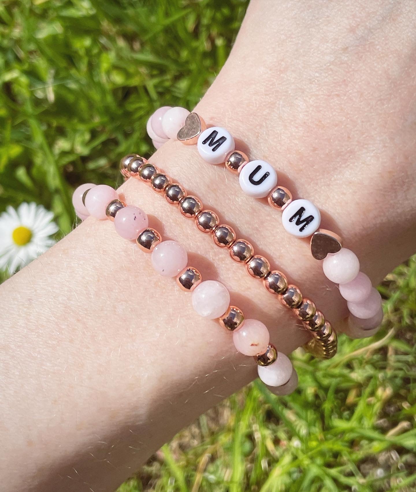 Cherry blossom jasper & rose gold hematite personalised stack
