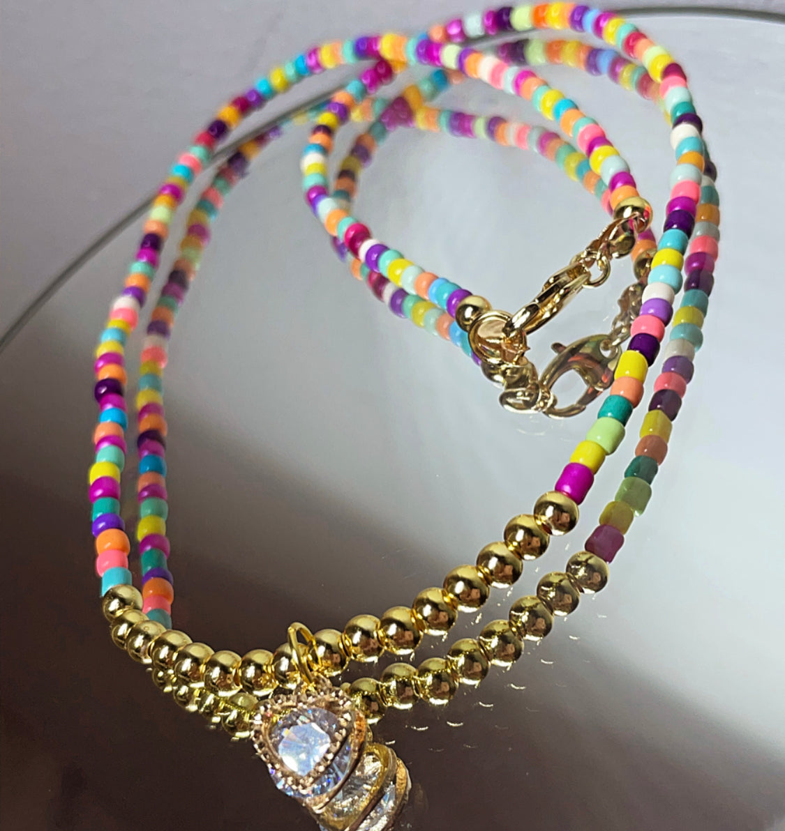 Cubic zirconia heart mixed bead necklace 18k gold plated