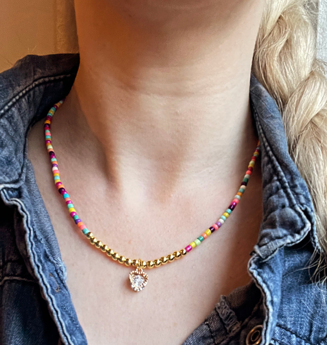 Cubic zirconia heart mixed bead necklace 18k gold plated