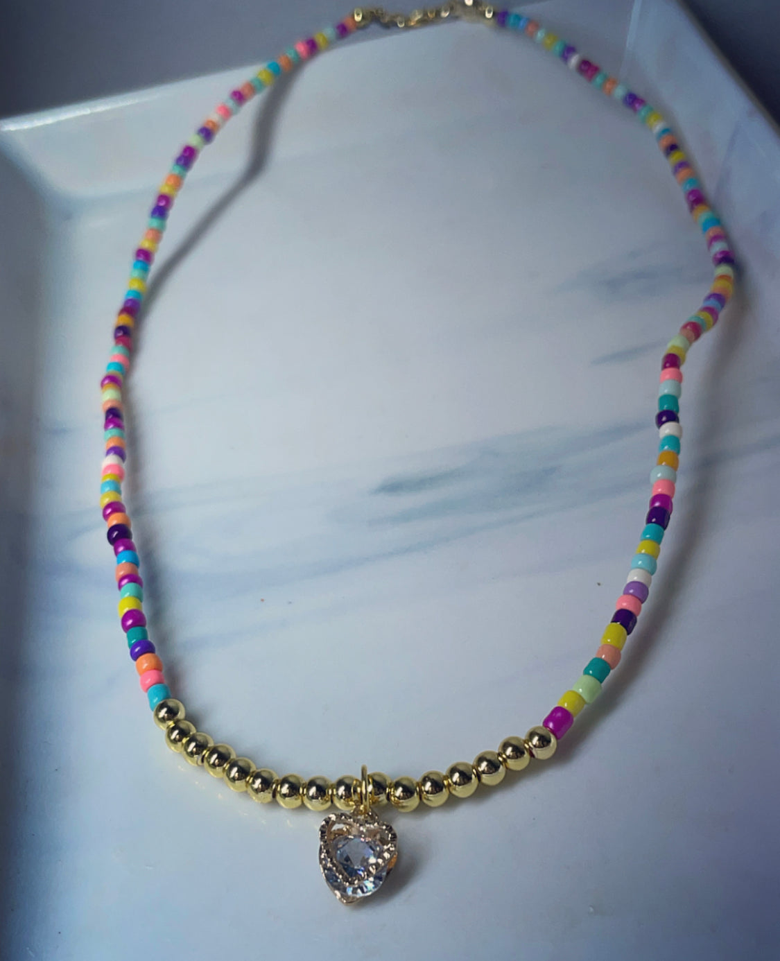 Cubic zirconia heart mixed bead necklace 18k gold plated