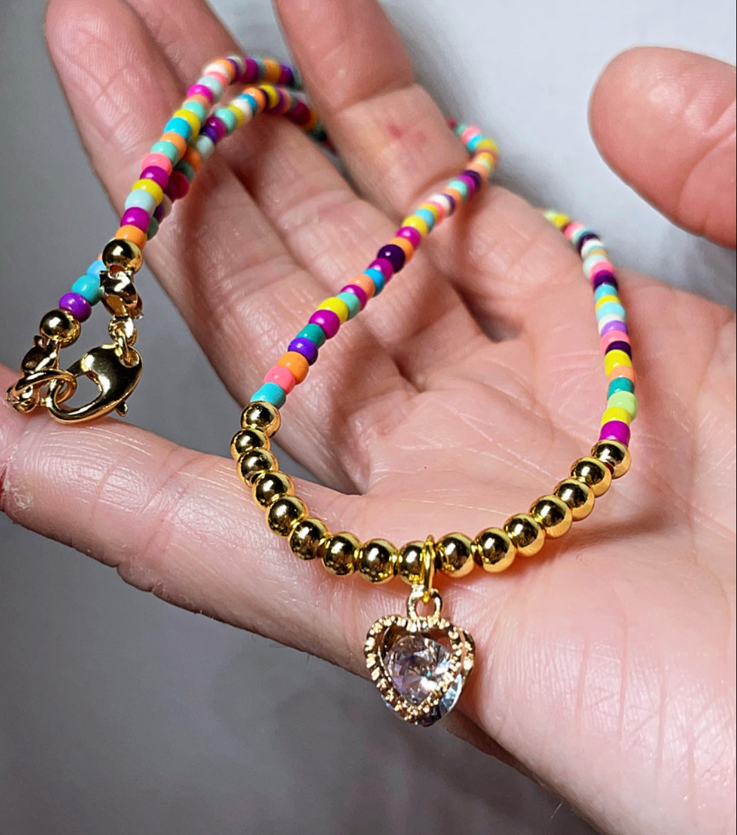 Cubic zirconia heart mixed bead necklace 18k gold plated
