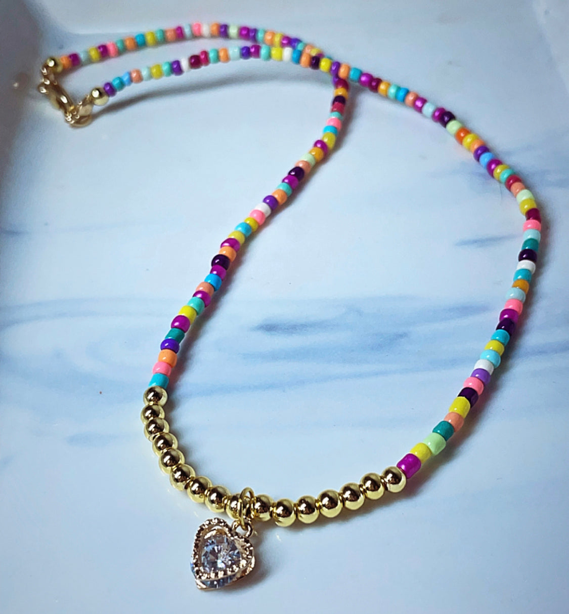 Cubic zirconia heart mixed bead necklace 18k gold plated