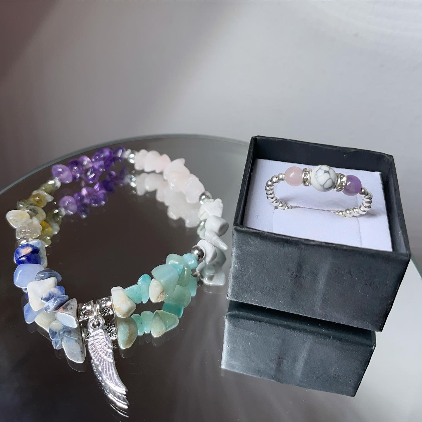 Anxiety/stress relief crystal healing bracelet & ring set