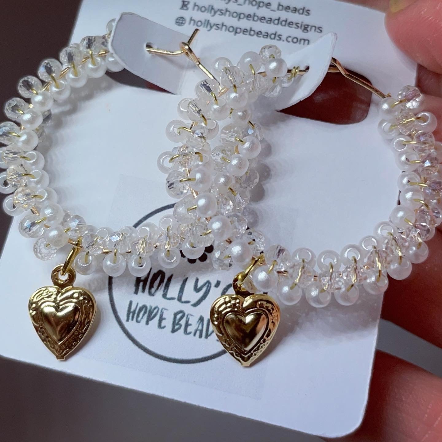 Beaded heart hoops 18k gold plated / glass Czech & pearl beads