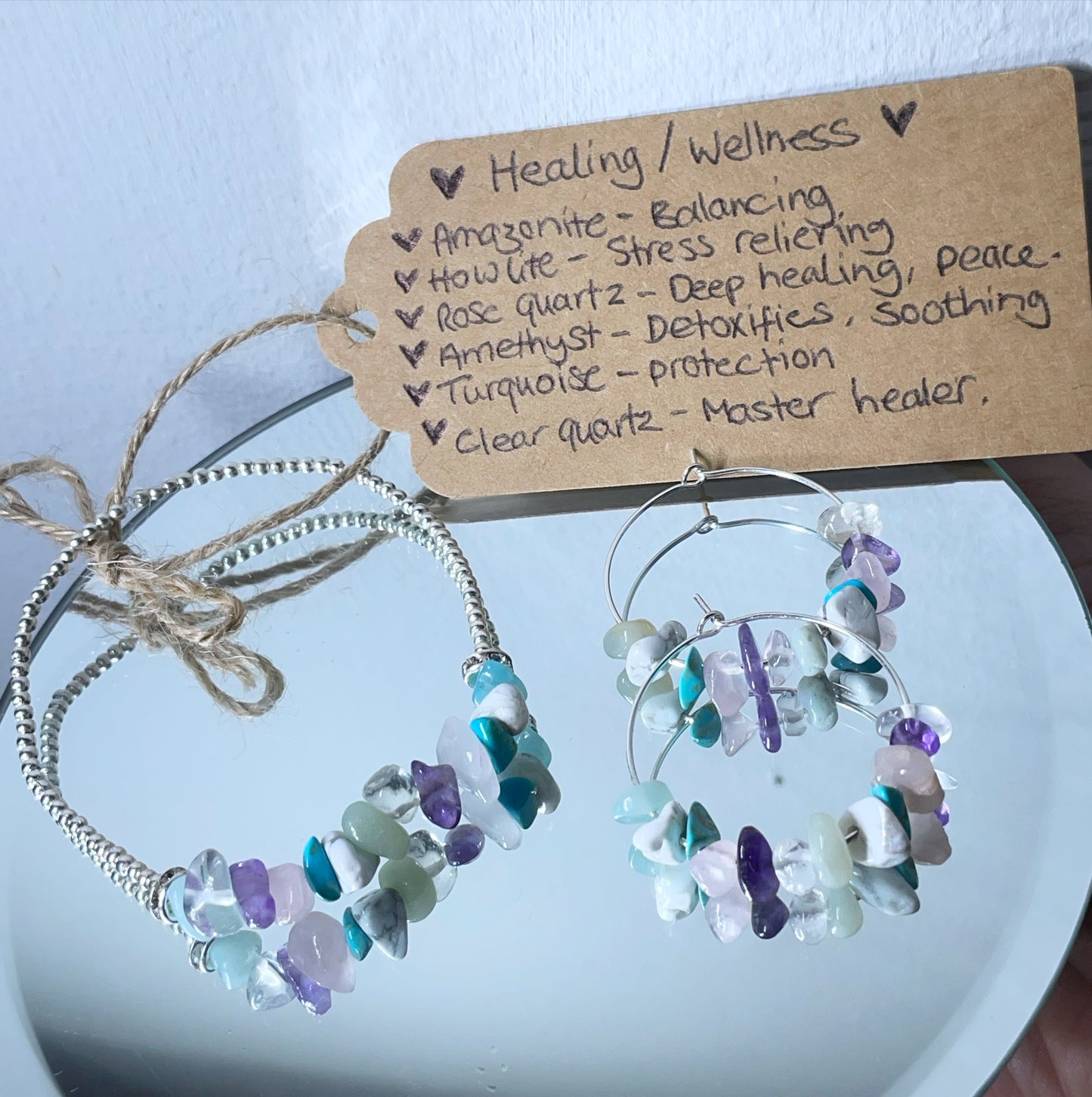 Healing wellness crystal bracelet and matching hoops