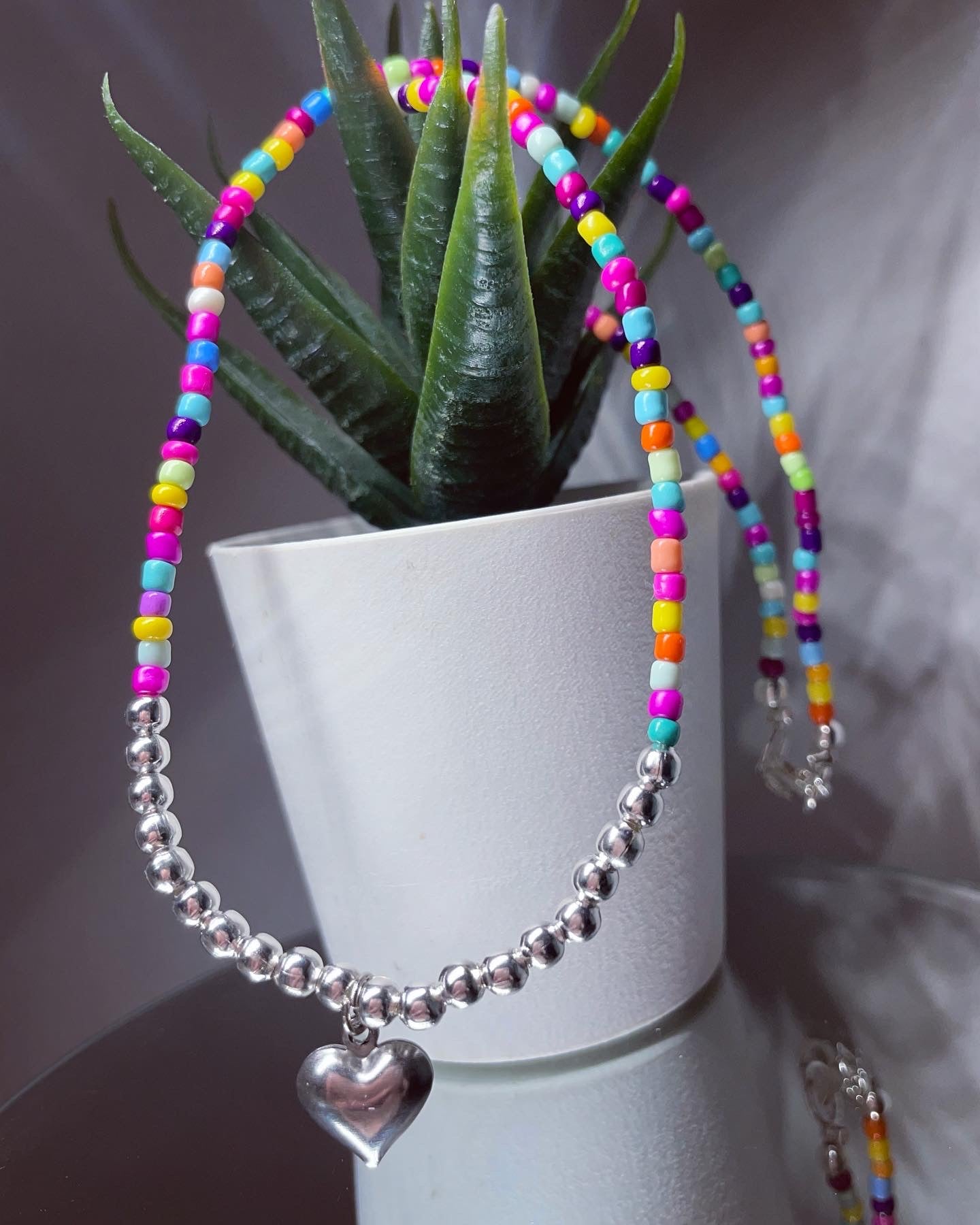 Cubic zirconia heart mixed bead necklace 18k gold plated