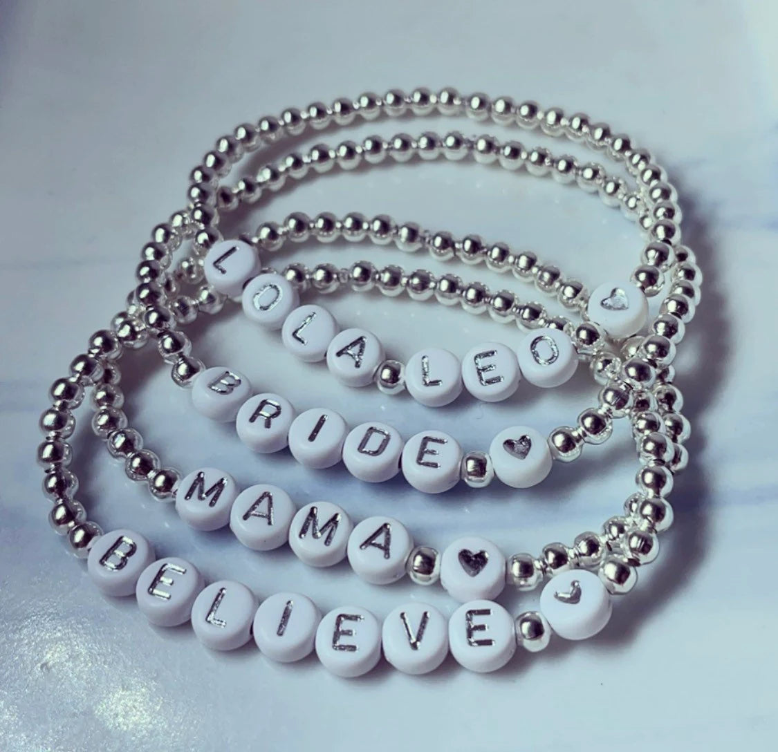 Sterling silver/ silver plated personalised beaded bracelets/ gifts for her/ personalised gift