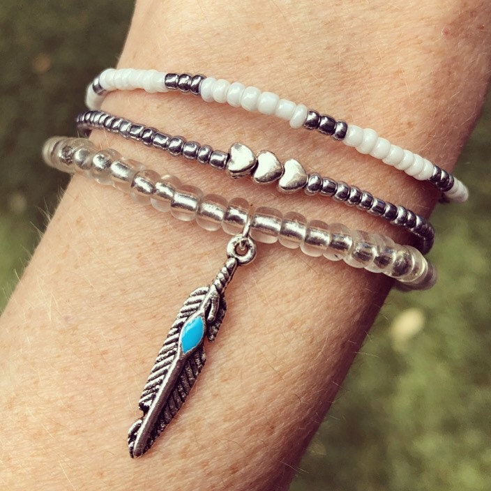 Silver boho feather stack of bracelets