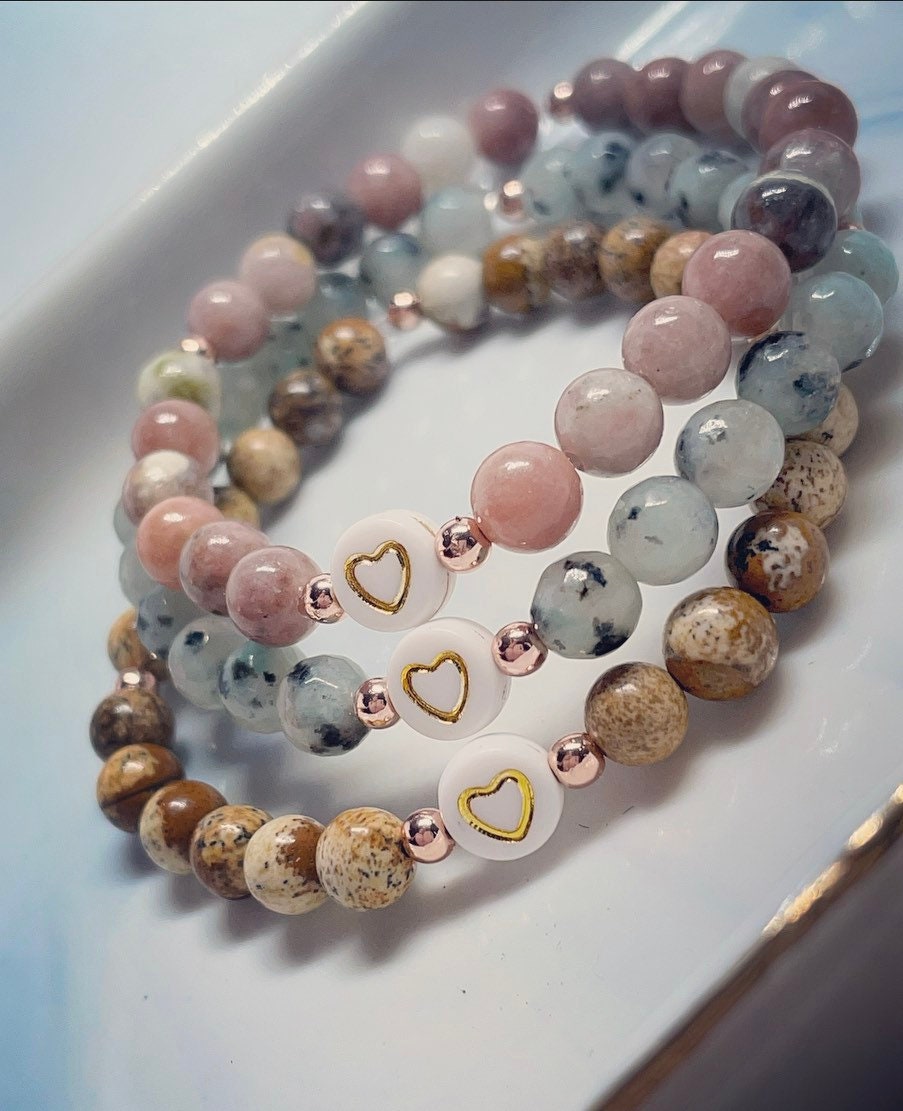 Pink/Yellow Lepidolite,Pale Beige Jasper, Blue/Grey Sesame Jasper Beaded bracelets