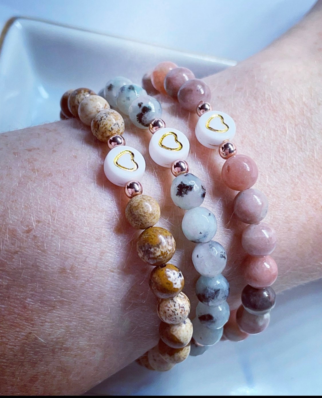 Pink/Yellow Lepidolite,Pale Beige Jasper, Blue/Grey Sesame Jasper Beaded bracelets