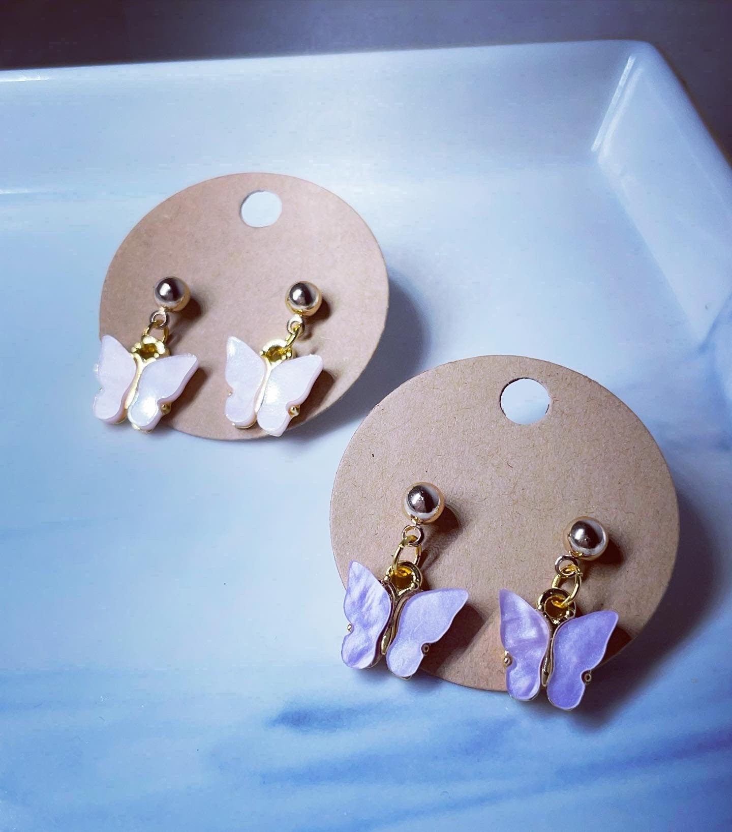 Butterfly acrylic charm leverback hoops and studs