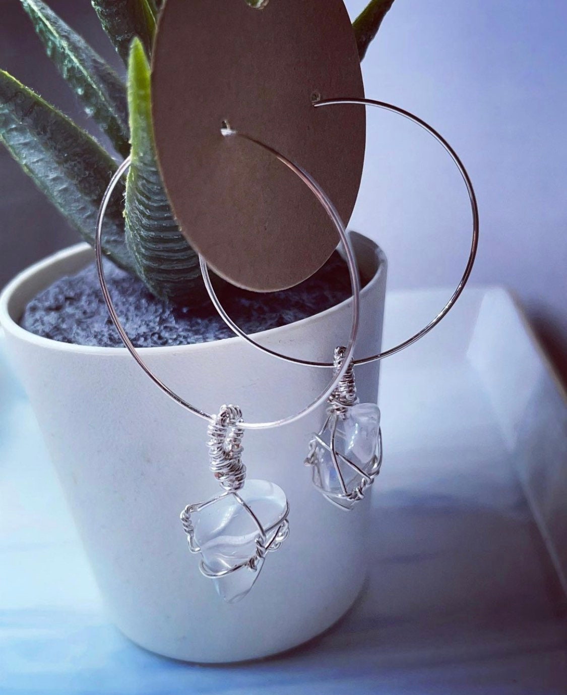 Silver plated large crystal wrapped hoops clear quartz, opal, Rose Quartz, green aventurine, turquoise, Jasper, amethyst