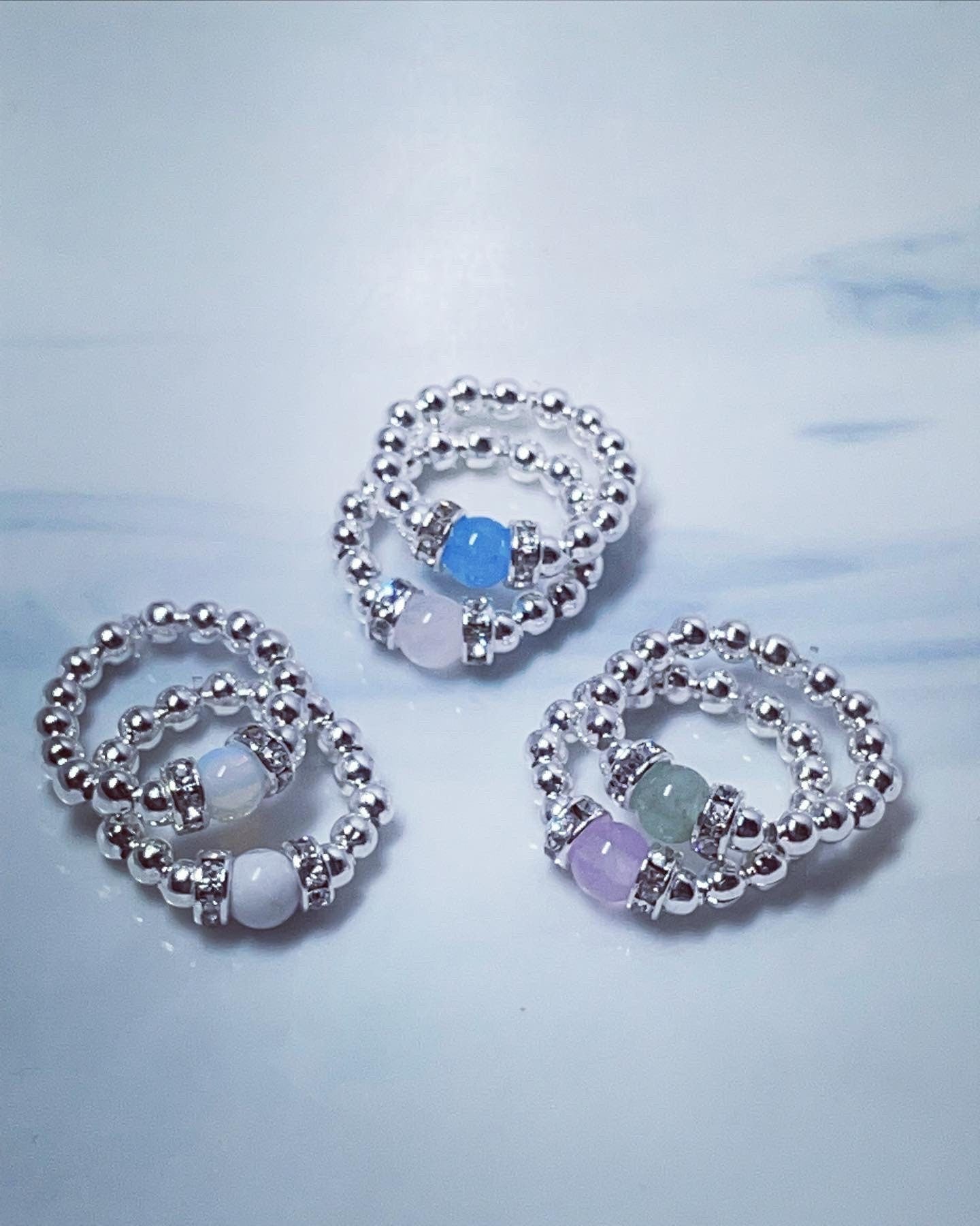 diamanté rings in rose Quartz, opal, howlite, lilac jade, cyan jade, green jade,