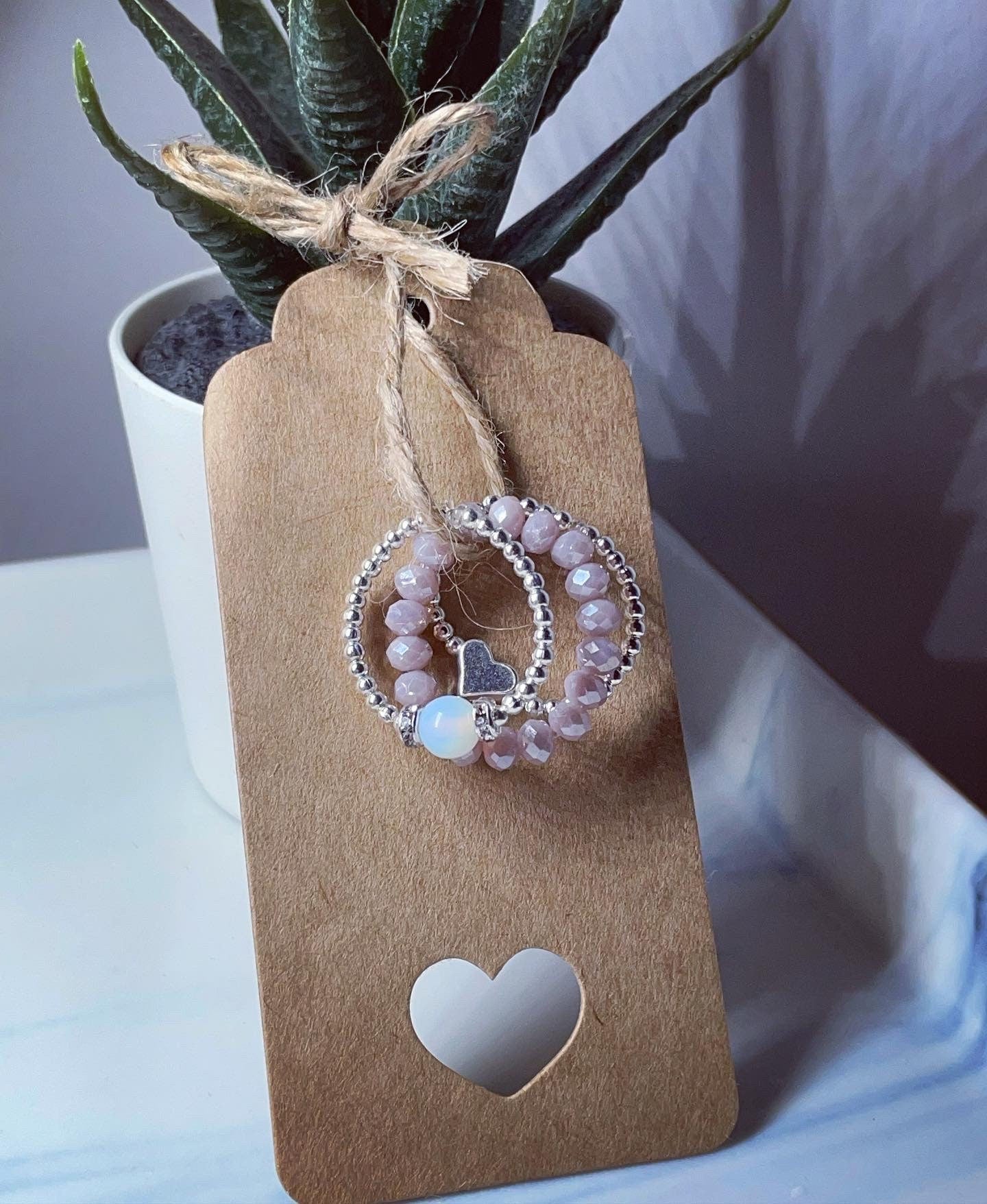 stacking rings Includes opal diamanté ring, czech glass bead ring & silver heart ring