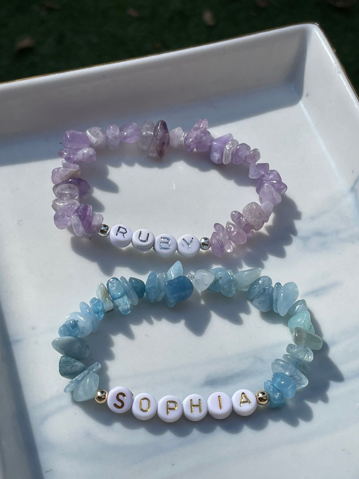 Personalised crystal bracelets with 14k gold filled accent bead or sterling silver